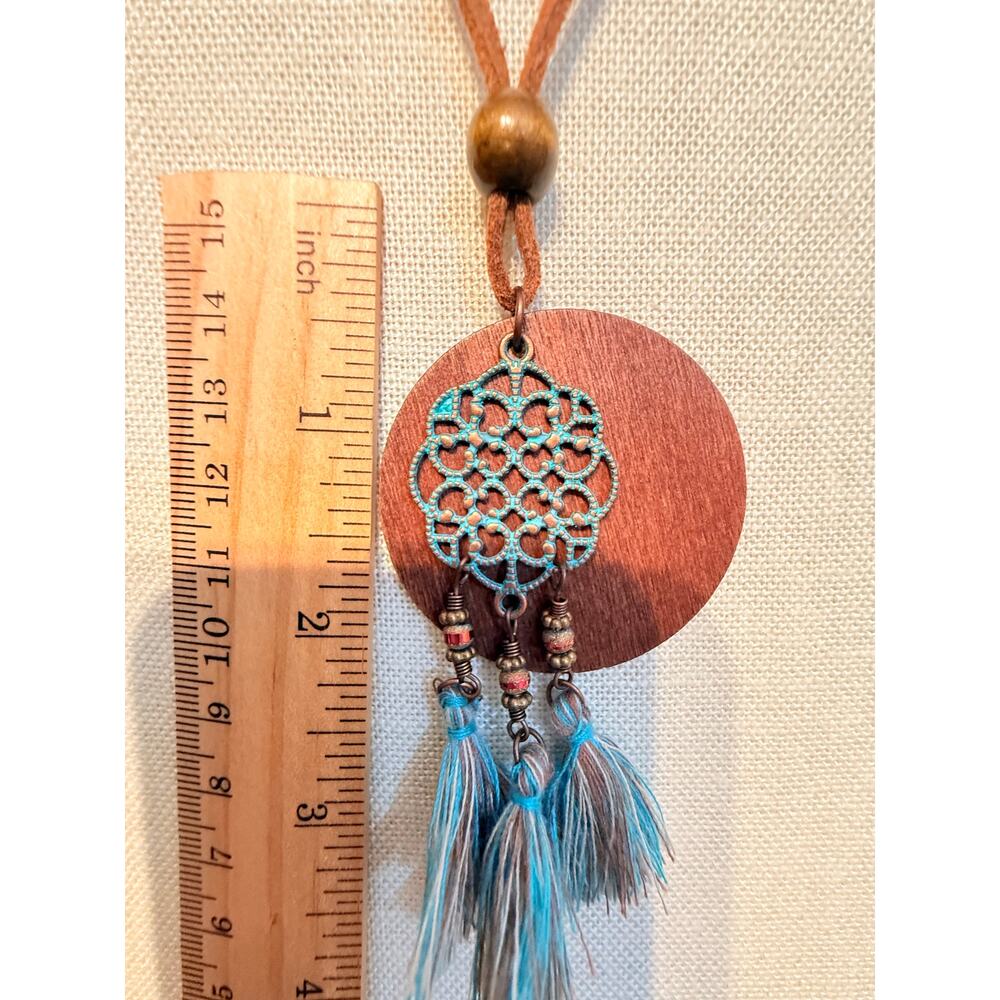 Vintage Boho Wood Tassel Pendant Necklace 30” - Picture 4 of 5